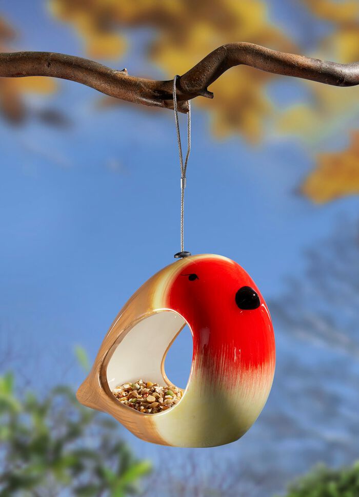 Handbemalte Futterstelle Vogel aus Keramik ROT