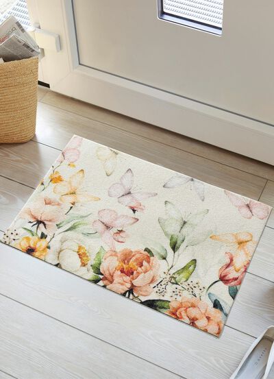 Ansprechende Fu&szlig;matte mit Bl&uuml;ten und Schmetterlinge 