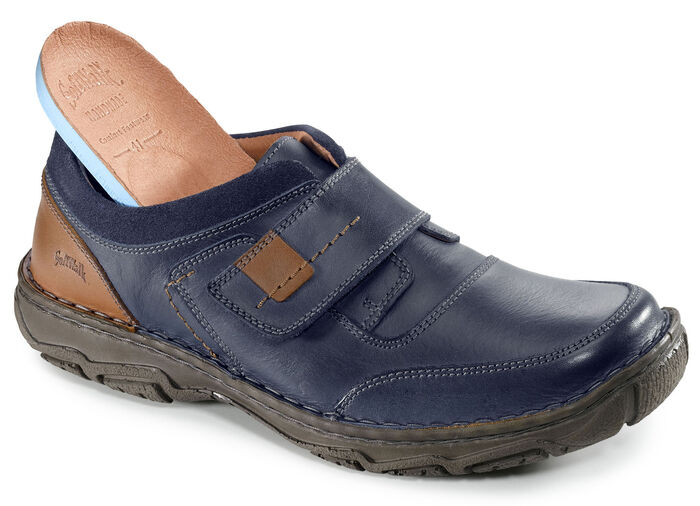 Klett-Slipper mit Kontrast-Eins&auml;tzen BLAU-COGNAC