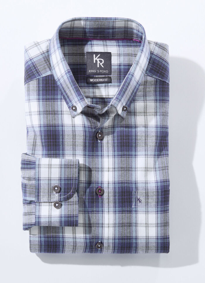 Hemd von "King's Road" mit Button-Down-Kragen in 3 Farben DUNKELLILA-ECRU