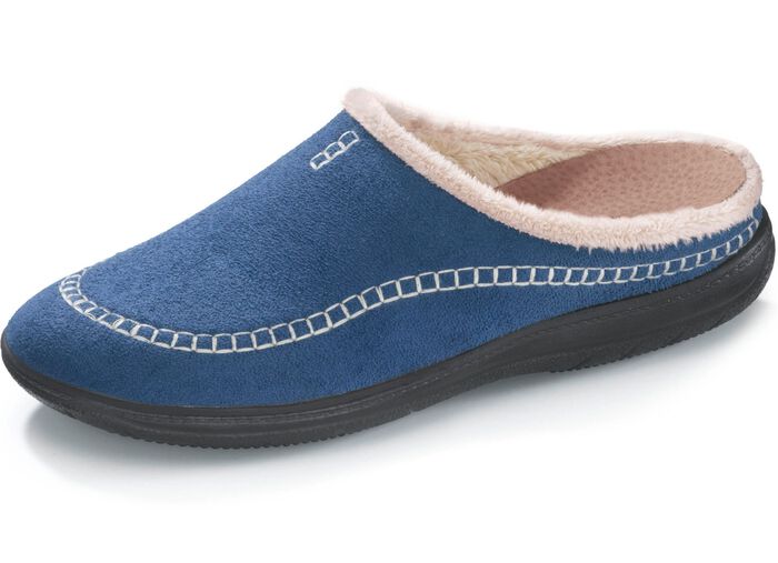 Velours-Pantoffel mit Ziernaht BLAU