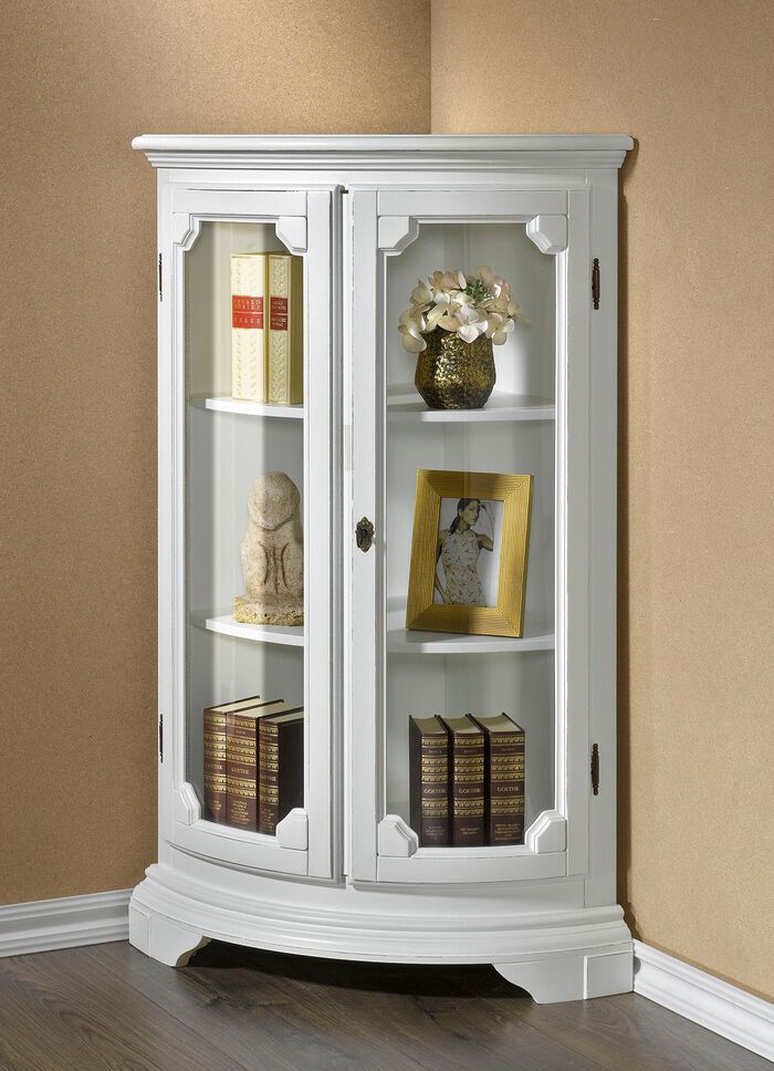 Teilmassive Eckvitrine mit gebogenen Glastüren mit Schloss WEISS