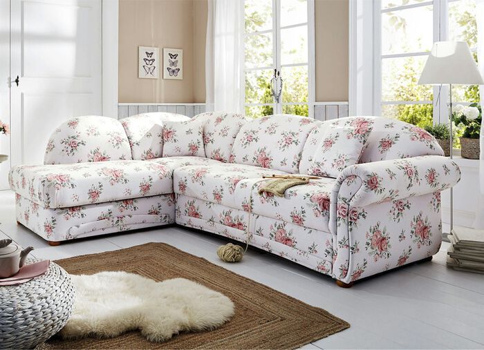 Polsterecke mit Bettfunktion und Bettkasten WEISS-ROSA