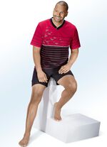 Zweierpack Shortys mit V-Ausschnitt und Ringeldruck vorne 1X ROT-SCHWARZ, 1X LINDGRÜN-GRAU