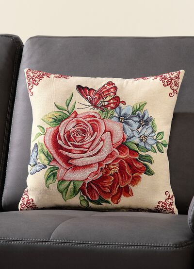 Kissenbezug mit Rosenmotiv und Schmetterling 