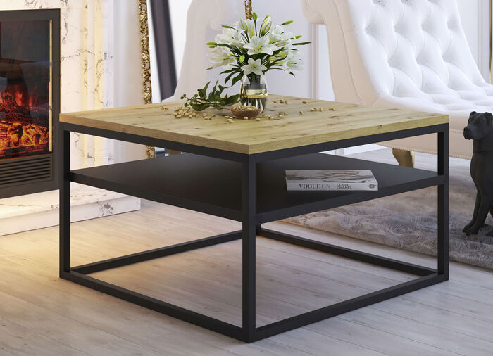 Couchtisch mit Gestell und Ablage aus Stahl EICHE HELL-SCHWARZ