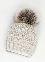 Mütze mit dezenten Glitzersteinchen und Kunstfell-Bommel NATUR