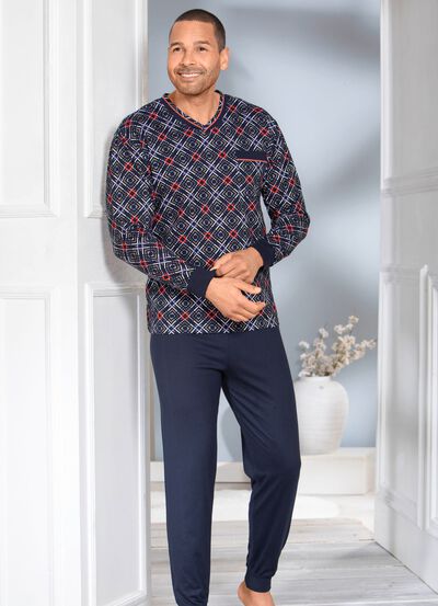 Schlafanzug mit V-Ausschnitt und B&uuml;ndchenabschl&uuml;ssen 