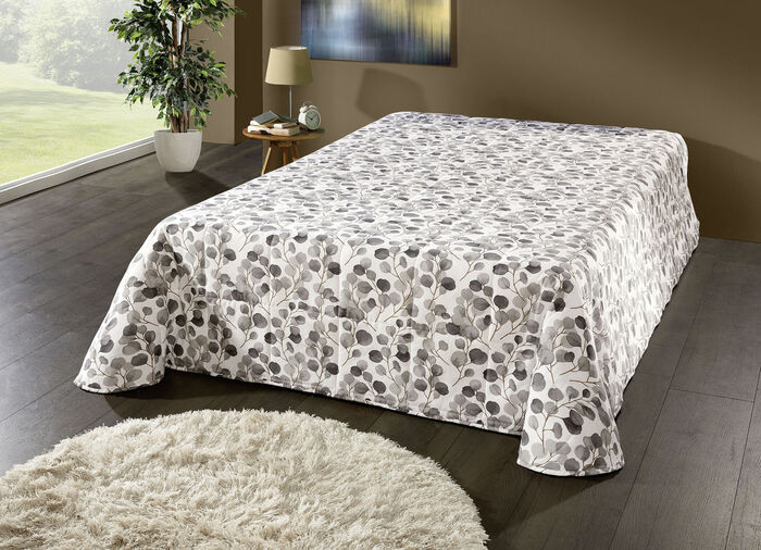 Tagesdecke und Kissenbezüge mit Blättermotiv GRAU