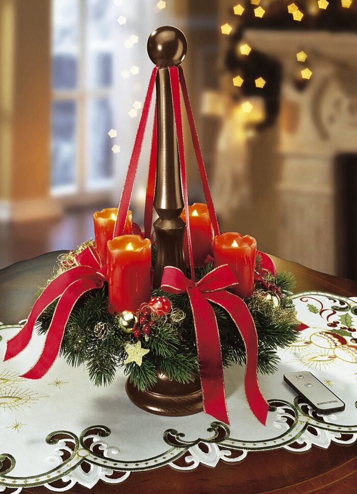 Adventskranz mit Holzst&auml;nder und LED-Echtwachskerzen ROT