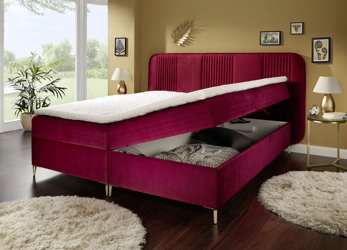 Boxspringbett mit Bettkasten und Topper ROT