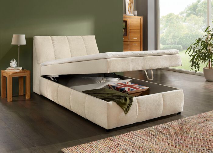 Boxspringbett mit Stauraum im Kopfteil und Bettkasten CREME