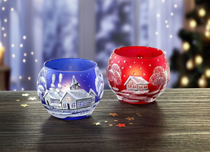 Teelichthalter aus Glas im 2er-Set ROT-DUNKELBLAU