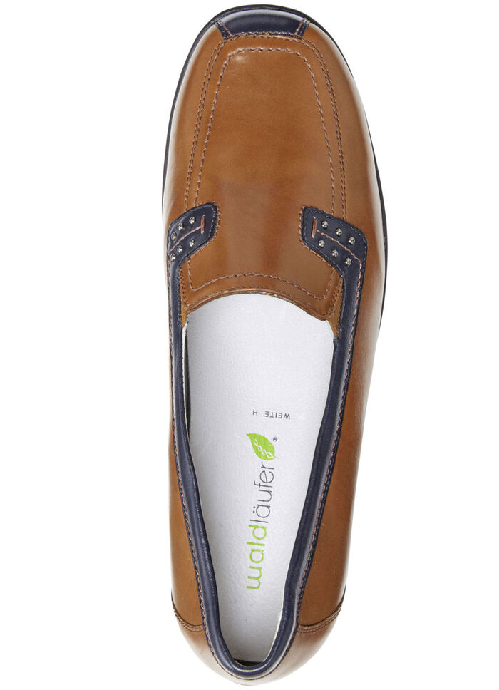 Waldläufer, bequeme Damen-Slipper, Weite H, mit herausnehmbarem Fußbett COGNAC-BLAU