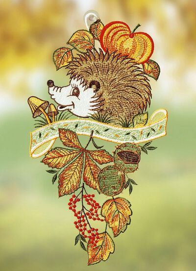 Fensterbild Herbst-Igel aus echter Plauener Spitze 