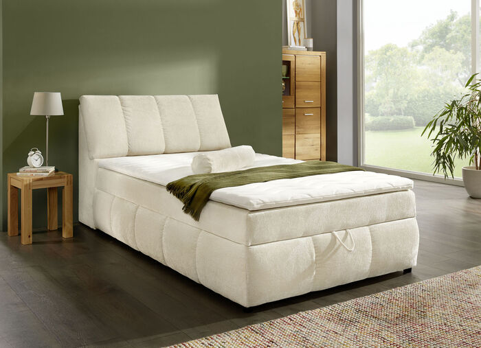 Boxspringbett mit Stauraum im Kopfteil und Bettkasten CREME
