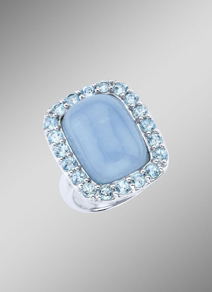 Handgearbeiteter Damenring mit Aquamarin und Blautopasen 
