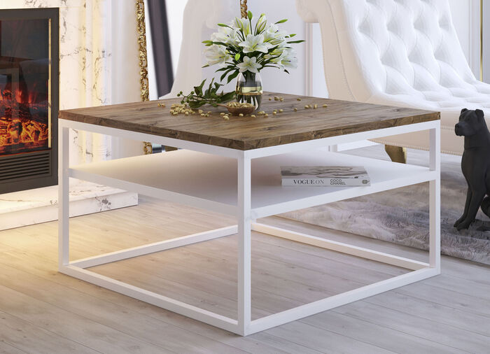 Couchtisch mit Gestell und Ablage aus Stahl EICHE DUNKEL-WEISS