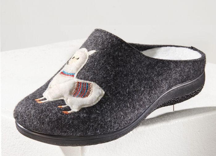 Kuschelwarme Hausschuhe mit Lama-Applikation ANTHRAZIT