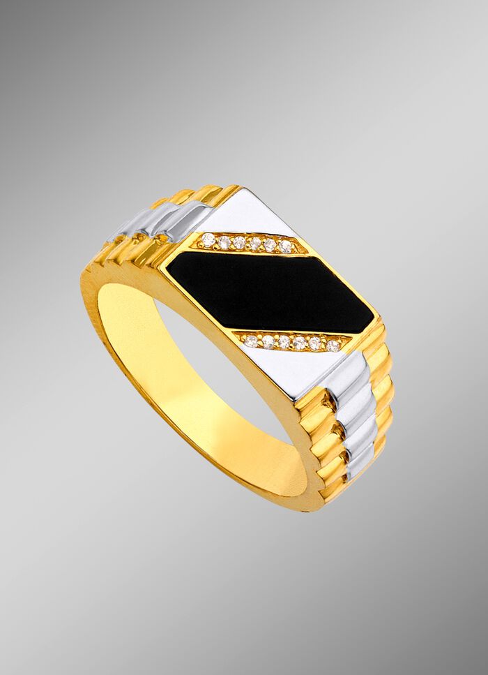 Herrenring in Bicolor mit Zirkonia und echt Onyx 
