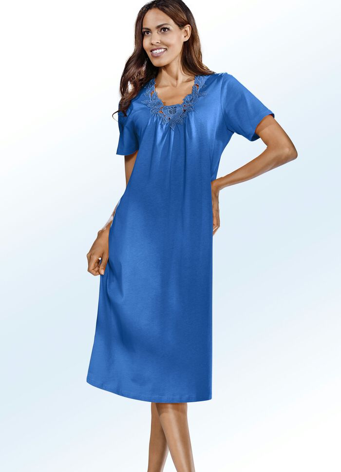 Zweierpack Nachthemden, Stickereispitze und Raffungen im Vorderteil PINK/ROYALBLAU