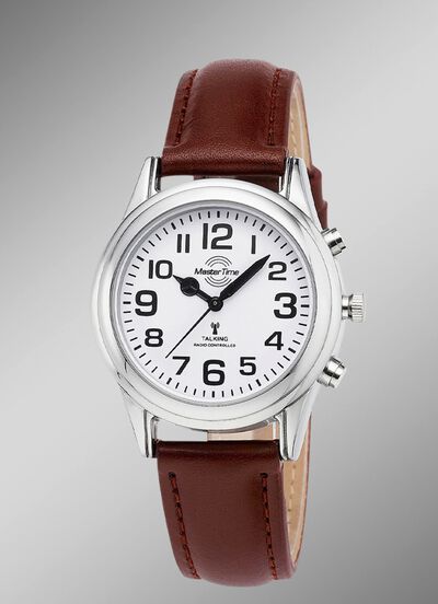 Funk-Damenuhr mit Lederband und sprechender Zeitansage 