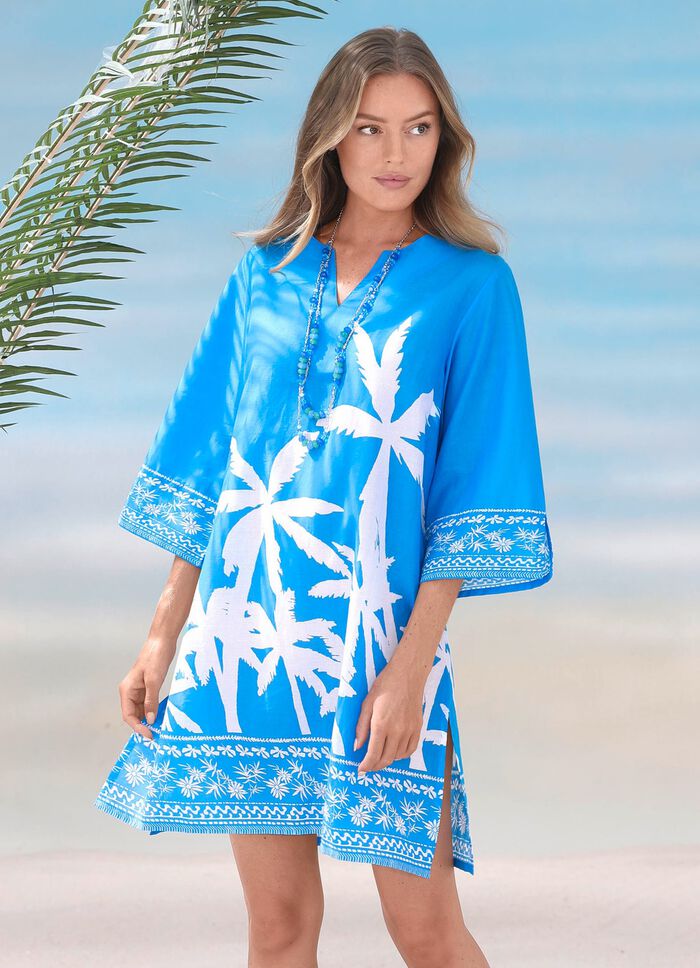 Tunika mit Palmendruck, reine Baumwolle BLAU-WEISS