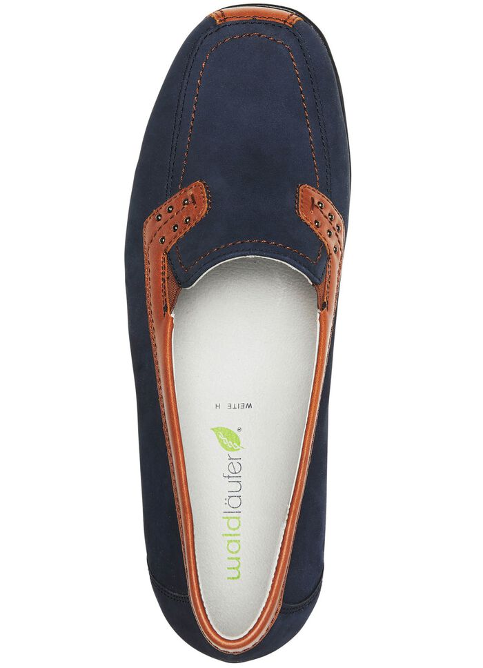 Waldl&auml;ufer, bequeme Damen-Slipper, Weite H, mit herausnehmbarem Fu&szlig;bett MARINE-COGNAC