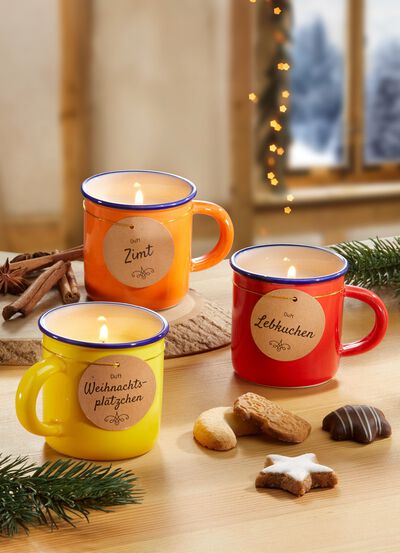 Weihnachtsduftkerzen, 3er-Set, in Keramiktassen 