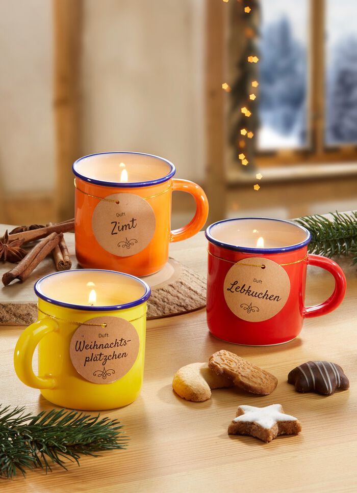 Weihnachtsduftkerzen, 3er-Set, in Keramiktassen 