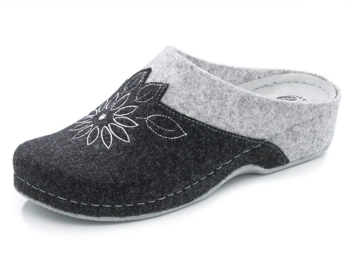 Mubb Wollfilz-Pantoffel mit Bl&uuml;ten-Stickerei GRAU