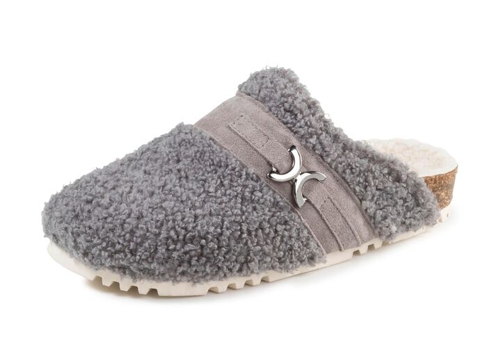 Laurina Pantoffel aus weichem Pl&uuml;sch mit Veloursbesatz GRAU