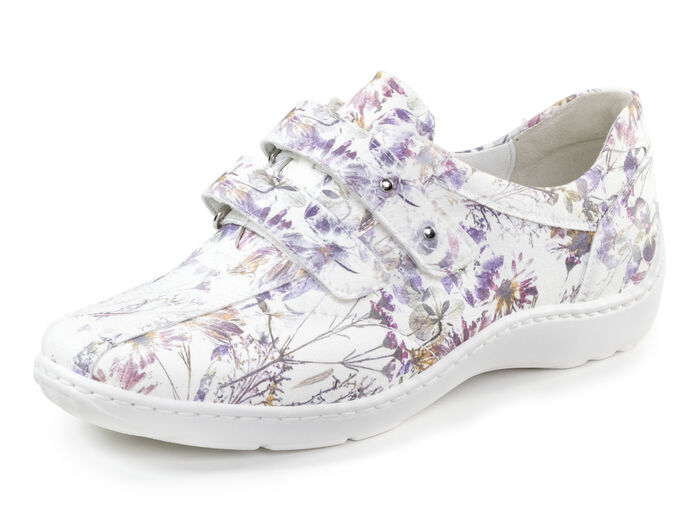 Waldläufer, bequeme Damen-Slipper, Weite H, mit herausnehmbarem Fußbett WEISS-BUNT