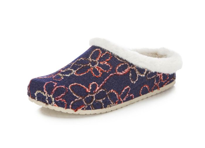 Mubb Wollfilz-Pantoffel mit bunter Bl&uuml;ten-Stickerei MARINE-ECRU
