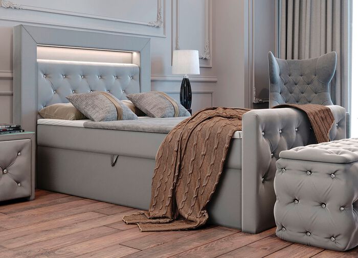 Boxspringbett mit LED-Beleuchtung und Topper GRAU