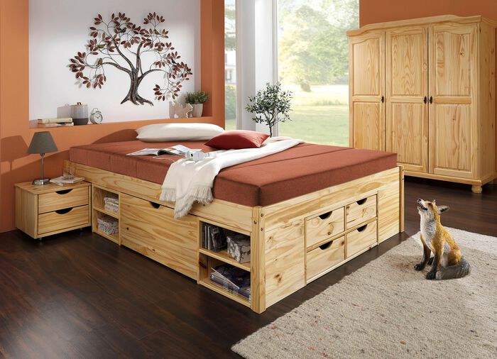 Funktionsbett aus massivem Kiefernholz NATUR