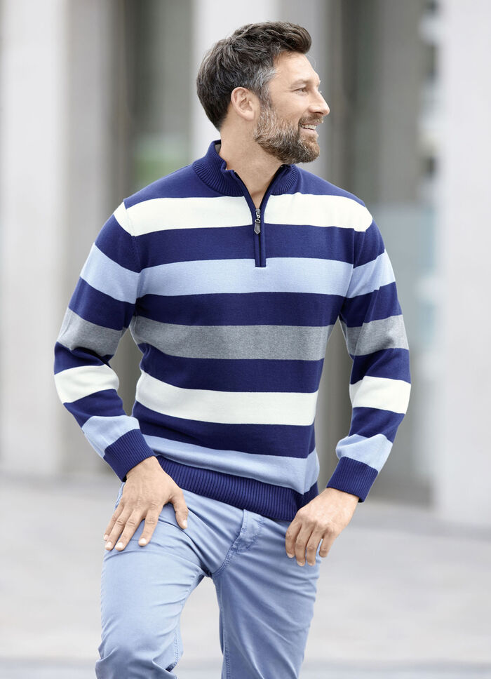 Gestreifter Troyer mit kurzem Reißverschluss MARINE-BLEU-ECRU