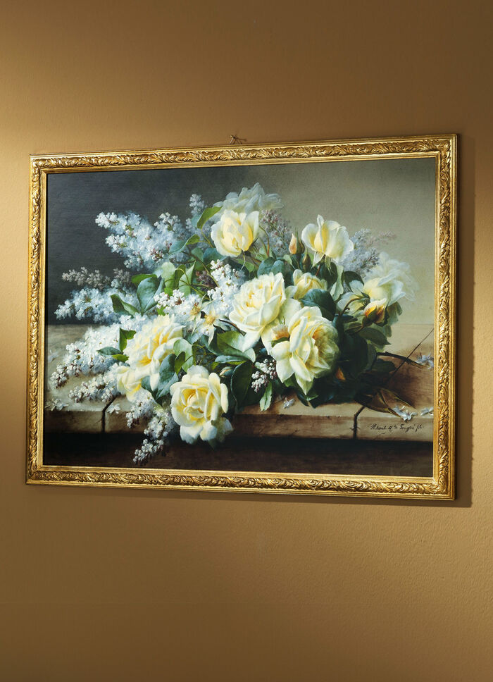 Kunstdruck mit verziertem, goldfarbenem Echtholzrahmen 