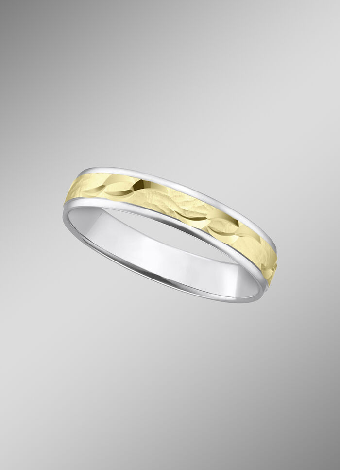 Trauring in Bicolor mit geh&auml;mmerten Glanzschnitten 