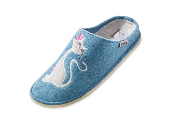 Hausschuh mit farblich abgestimmter Katzen-Applikation JEANSBLAU