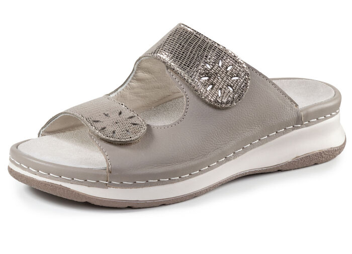 ELENA EDEN, bequeme Damen-Pantoletten, Weite H, mit herausnehmbarem Fußbett TAUPE-ANTIKBRONZE