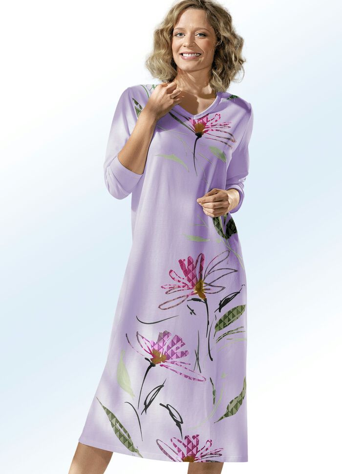Nachthemd mit V-Ausschnitt und langen Ärmeln FLIEDER