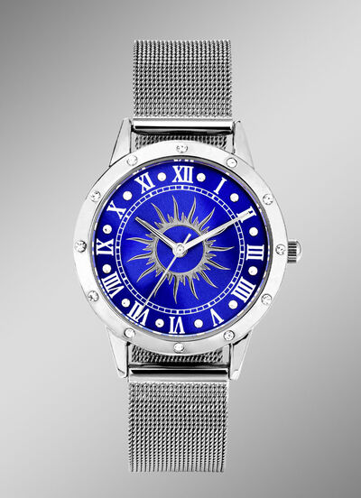 Silberfarbene Damenuhr mit Sonnenmotiv und Kristallakzenten 