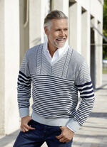 V-Pullover mit Streifen- und Strukturdessin MARINE-GRAU