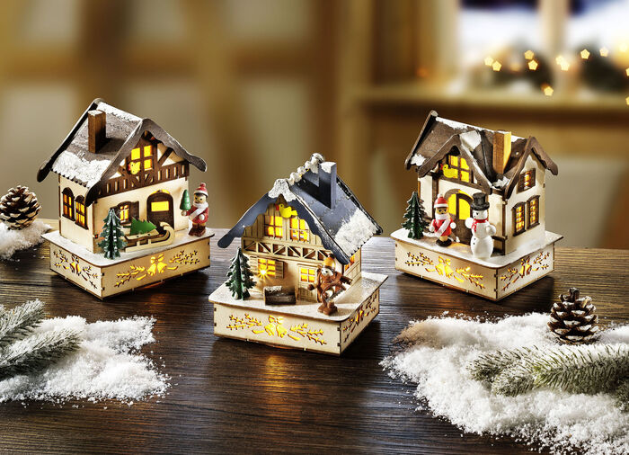 Winterh&auml;uschen aus Holz mit LED-Beleuchtung 