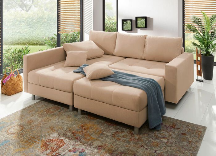 Polsterm&ouml;bel mit Hocker und Kissen CREME