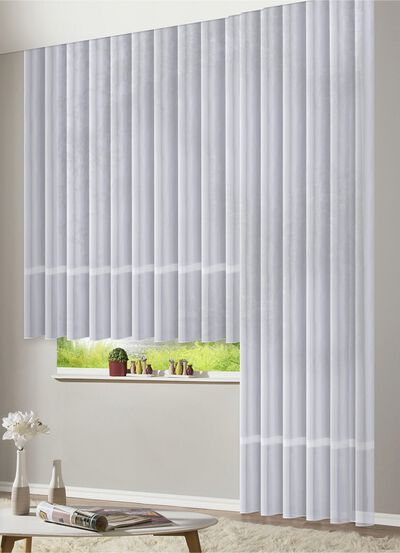 Blumenfenster-Store mit eingewebten Glanzstreifen 