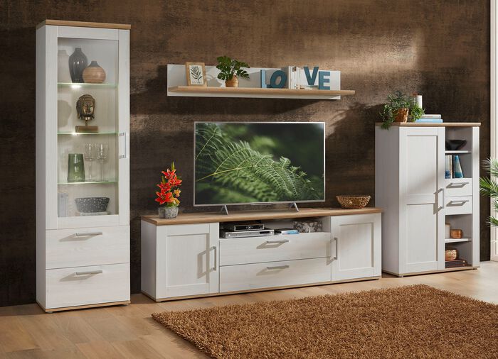 Wohnwand mit LED-Beleuchtung WEISS-EICHE