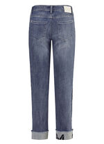 Jeans mit Fransensaum und Schriftzug auf einem Bein 