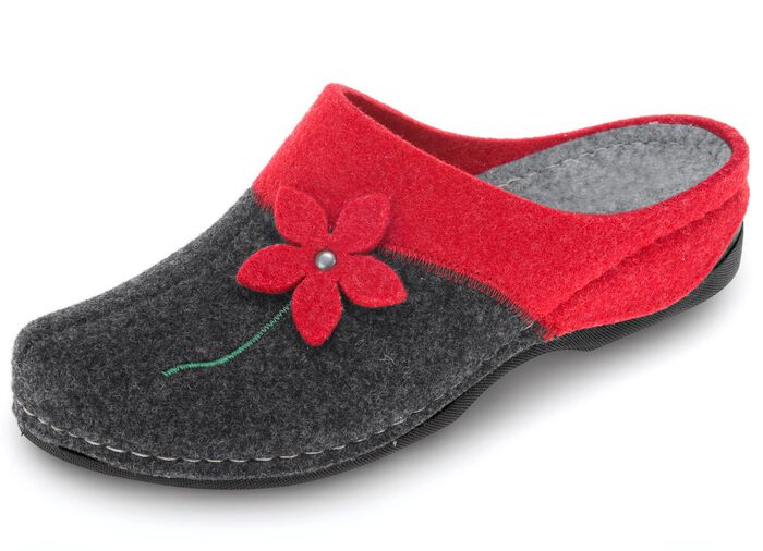 Laurina, klassische Damen-Hausschuhe, mit anatomisch geformtem Fu&szlig;bett ROT-ANTHRAZIT